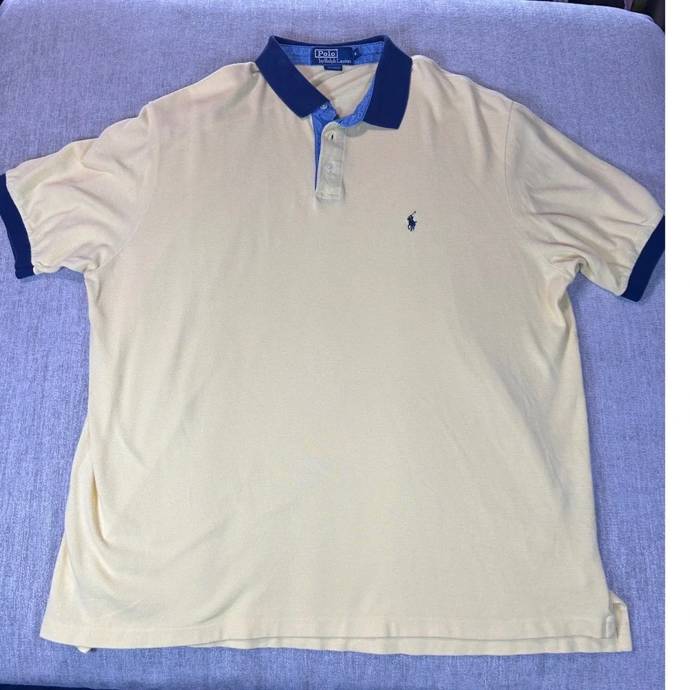 Polo Ralph Lauren Mens XL Yellow Navy Blue Contrast Collar Pique Polo Shirt
